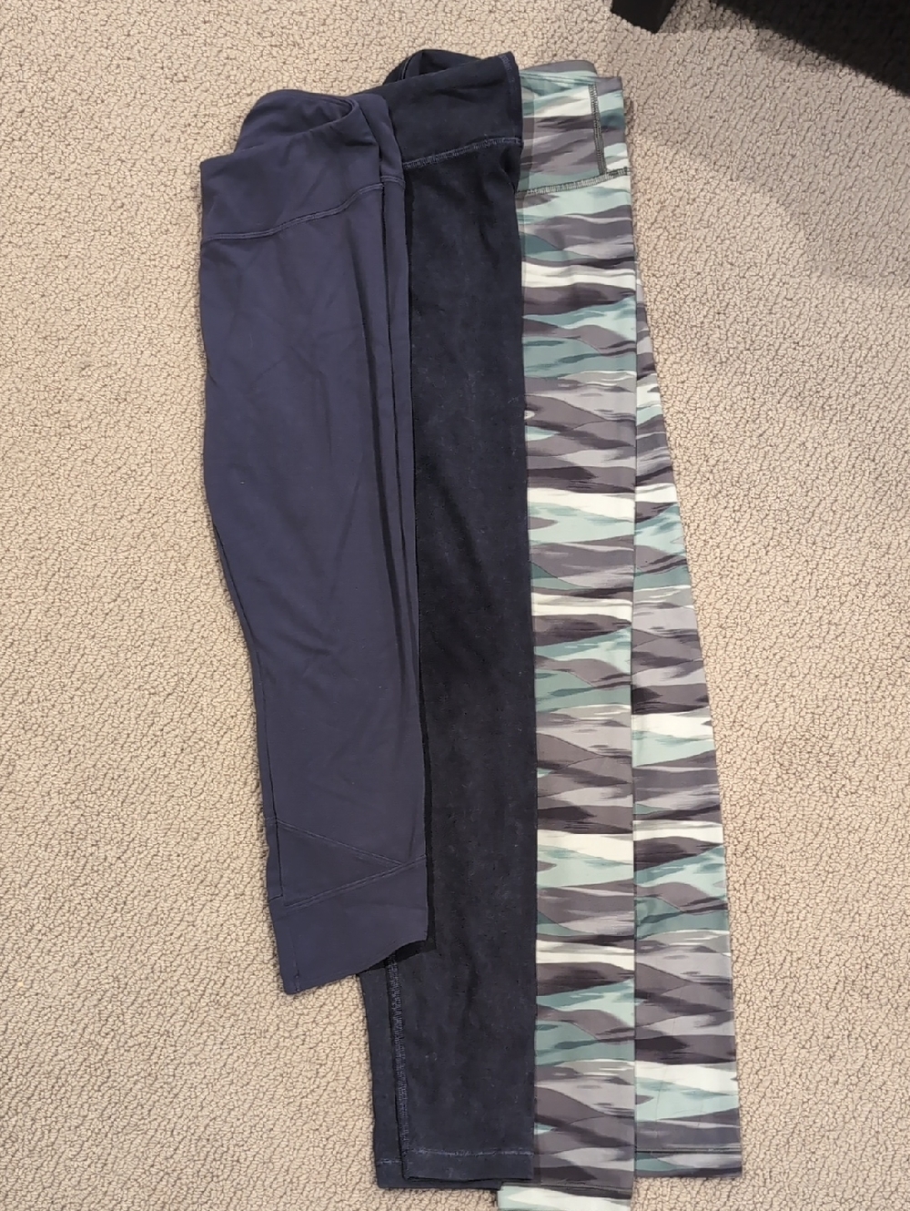 3 Pairs Athleta Girl Dark Gray, Denim,and Teal Camouflage Leggings